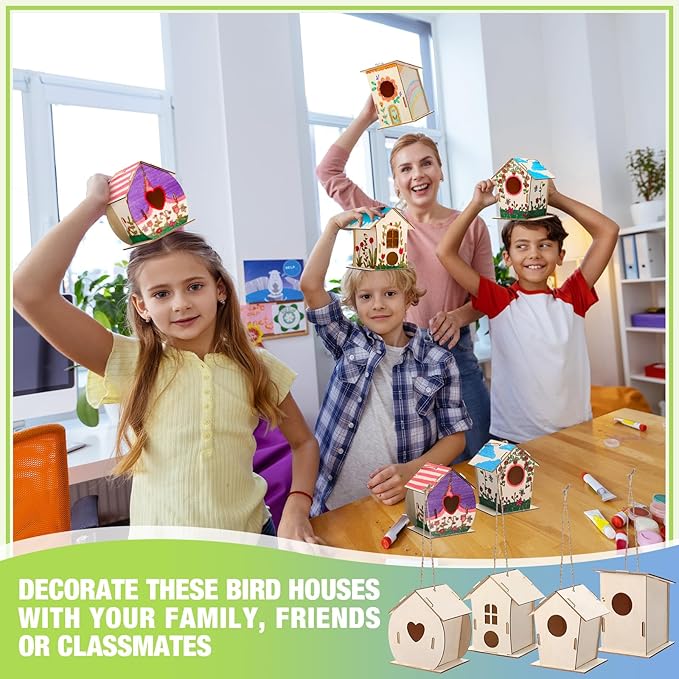 DoubleFill 12 Pcs Bulk Wooden Bird Houses Kits for Kids DIY Crafts and Arts Unfinished Wood Birdhouse to Paint Birthday Gifts for Valentines Crafts Class Parties, 4 Styles