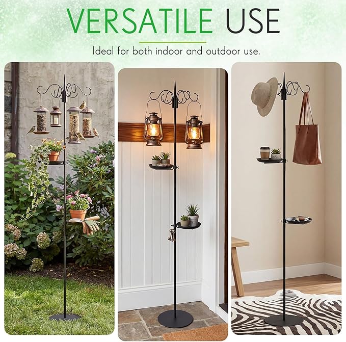1 Set 75.9" Shepherd's Hook Stand for Bird Feeder, Hanging Plant, Wind Chime, Waterproof Metal & Adjustable Standing Pole Holder for Indoor Outdoor, with 2 Rack & Weight Bag (4 Hooks)