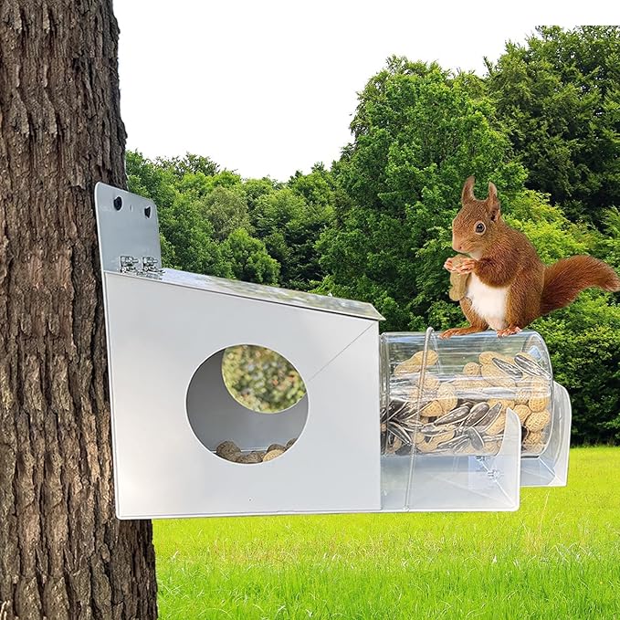Squirrel Feeder,Metal Squirrel Feeders for Outside,Sturdy Squirrel House with Plastic Removable Nut Peanuts Storage Bottle,Weather-Proof Squirrel Feeders for Outdoors Easy to Fill and Clean