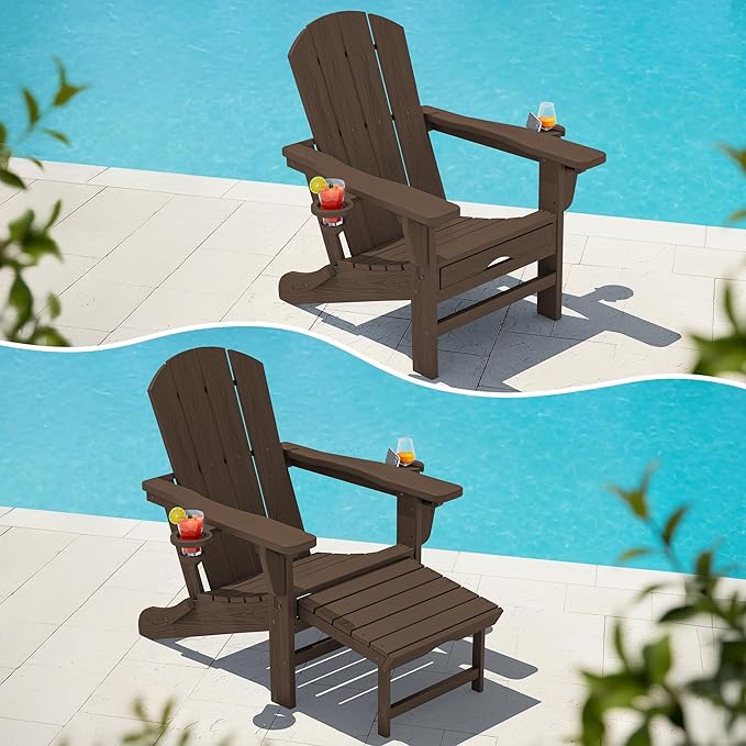 KINGYES Folding Adjustable Adirondack Chair with Ottoman & 2 Cup Holders, HDPE Adirondack Recliner Chair with Footrest, Coffee