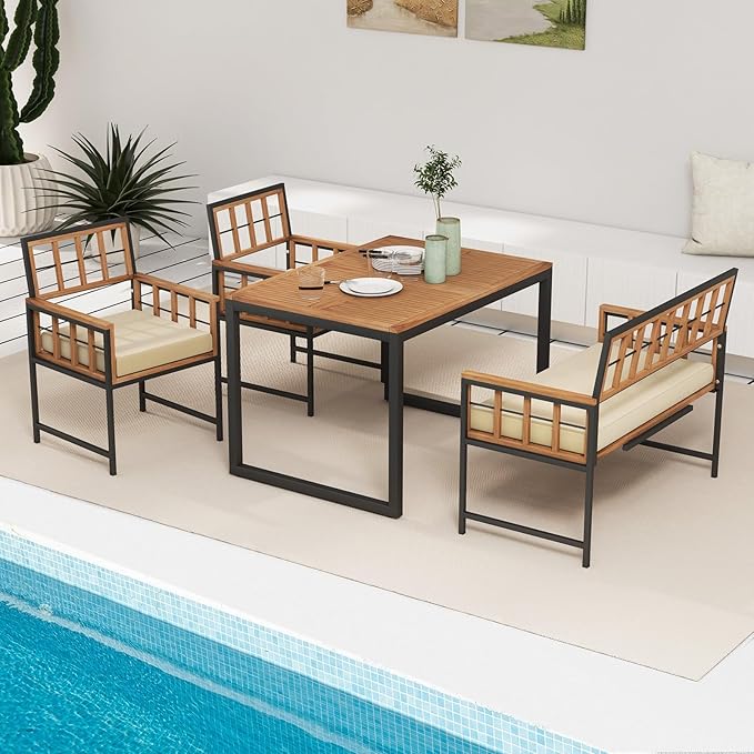 Tangkula 4 Piece Patio Dining Set, Outdoor Wood Dining Furniture W/ 2 Chairs & 1 Loveseat, 47” Acacia Wood Table W/Umbrella Hole, Cozy Seat Cushions, Outside Furniture Set for Backyard, Poolside