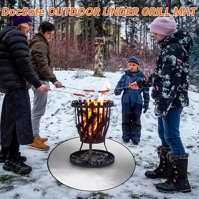 DocSafe 36" Round Fire Pit Mat for Solo Stove Bonfire,4-Layer Double-Sided Fireproof Heat Insulated Under Grill Mat Protector for Deck,Patio,BBQ,Oil-Proof and Reusable and Waterproof,Black＆Silver