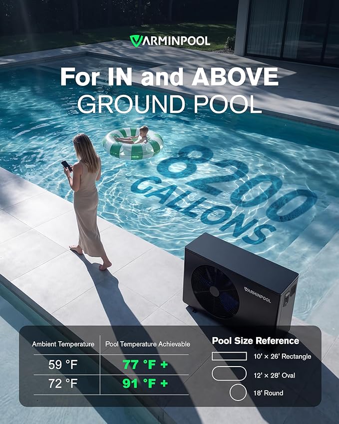 Pool Heat Pumps, 30,000 BTU Pool Heat Pump for Above Ground Pools Up to 8000 Gallons, WiFi Control, Titanium Heat Exchanger, 120V, Smart Inverter