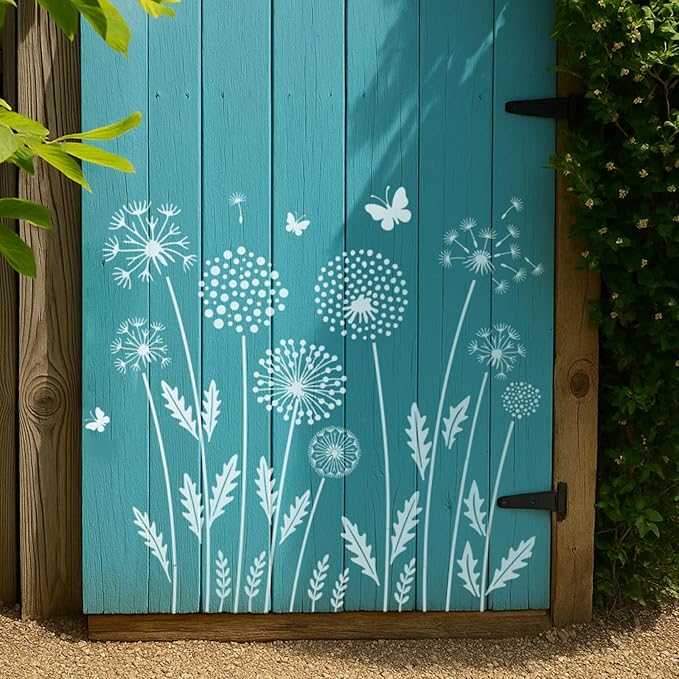 12PCS Large Flower Stencils for Painting on Wood 12 x 12 Inch Dandelion Stencil with Brushes Butterfly Stencil Large Floral Stencils for Walls Garden Fence Furniture Fabric
