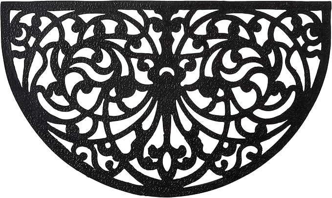 Kempf Rubber Scroll Doormat Half Moon Mat, Indoor Outdoor Entrance Mat, Low Clearance, Functional and Easy to Clean, Wrought Iron Scroll Design