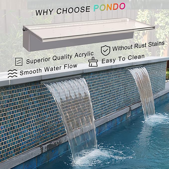 24'' APP Control Waterfall Spillway with RGB LED Lights, Acrylic Pond Fountain Set for Outdoor Decorations, Patio Pool Kit on The Wall for Garden w/16 Color Changing, Easy Installation