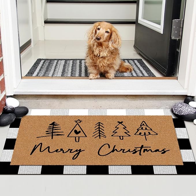 Tinideya 2 Pcs Merry Christmas Door Mat Xmas Tree Welcome Non Slip Coir Mats Heart Xmas Black White Buffalo Plaid Floor Layering Doormats Seasonal for Front Porch Entryway Decor(Christmas)