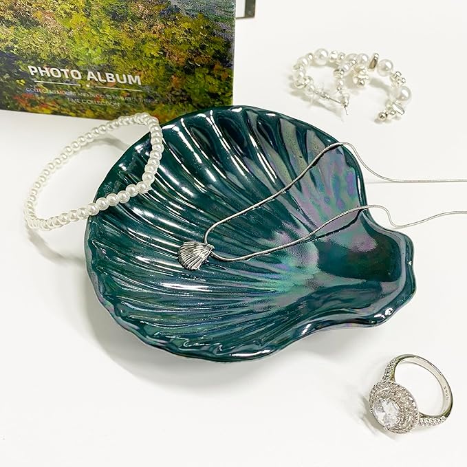 Seashell Trinket Tray, Ceramic Ring Holder Dish for Earrings Necklace, Shell Jewelry Dish Tray, Ocean Room Decor, Birthday Mother's Day Christmas Gift for Women, 3.9", Deep Teal Iridescent Surface