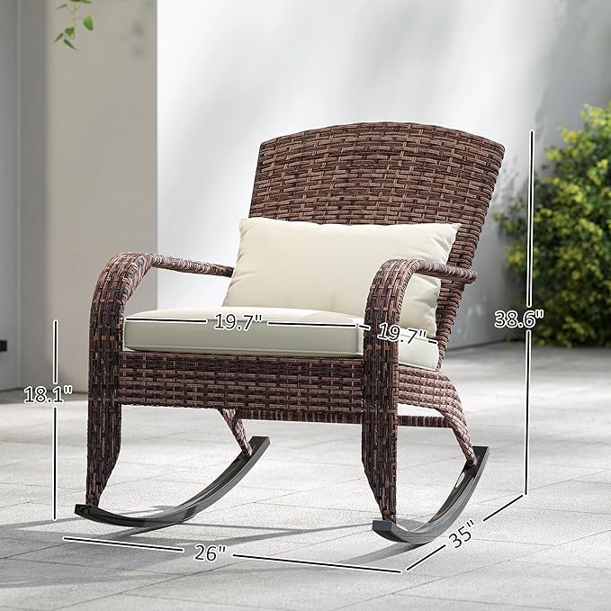 Outsunny Outdoor Wicker Adirondack Rocking Chair, Patio Rattan Rocker Chair with High Back, Seat Cushion, and Pillow for Garden, Porch, Balcony, Cream White