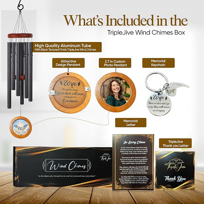 Personalized Memorial Wind Chimes with Custom Photo Pendant & Letter from Heaven | Sympathy Gift for Loss of Loved One, 32-Inch Outdoor Chime for Remembrance (Wife)