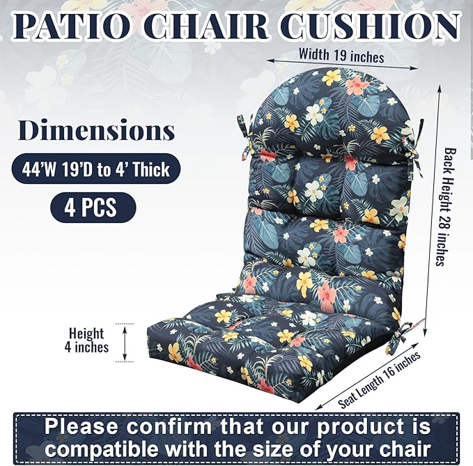 Geelin 4 Pcs Adirondack Chair Cushion High Back Patio Rocking Chair Cushion 44 x 19 x 4 Inch Tufted Weather Resistant Fade Resistant Seat for Patio Rocking Seat (Flowers)