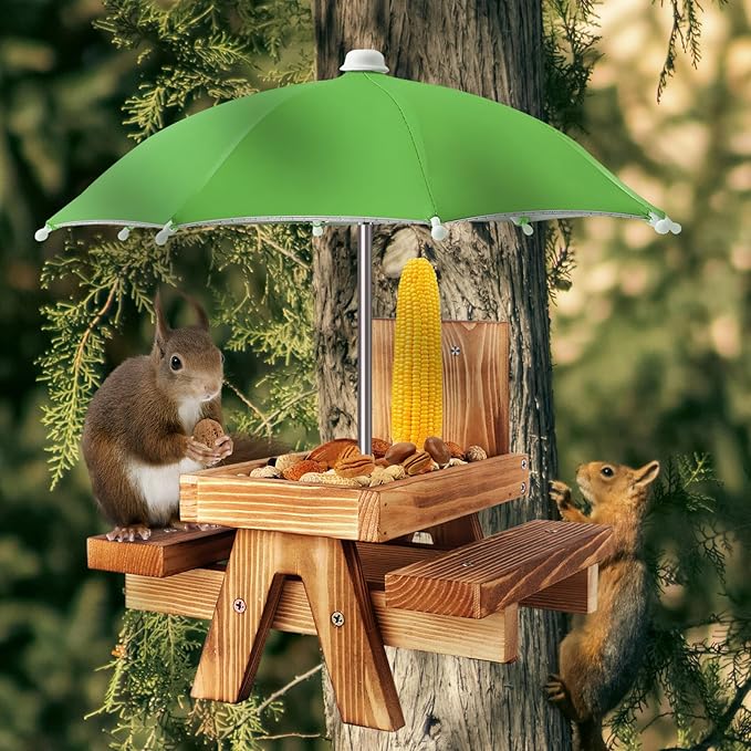 Gnodary Squirrel Feeder with Umbrella, Squirrel Feeders for Outside, Squirrel Picnic Table Feeder - Chipmunk Feeder Hold Corn, Corn Cob, Peanuts (Green)
