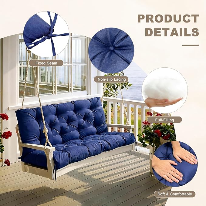 Porch Swing Cushion with Backrest,Waterproof Bench Cushion for Outdoor Furniture,2-3 Seater Replacement Thickened Swing Cushion with Ties,Patio,Outdoor,Backyard and Garden (Navy Blue,47x40)