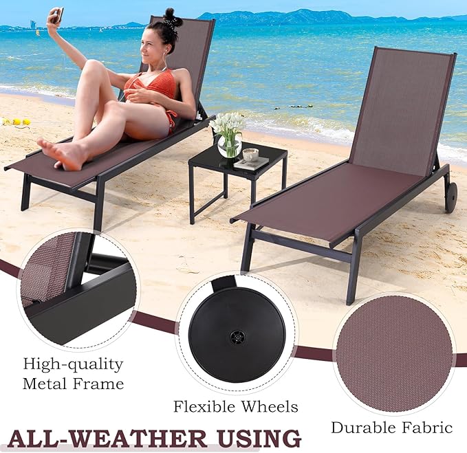 EROMMY Patio Chaise Lounge Chair Set of 2 with Table, Adjustable Backrest & Wheels, Waterproof Outdoor Poolside Recliners for Garden, Deck, Lawn, Backyard