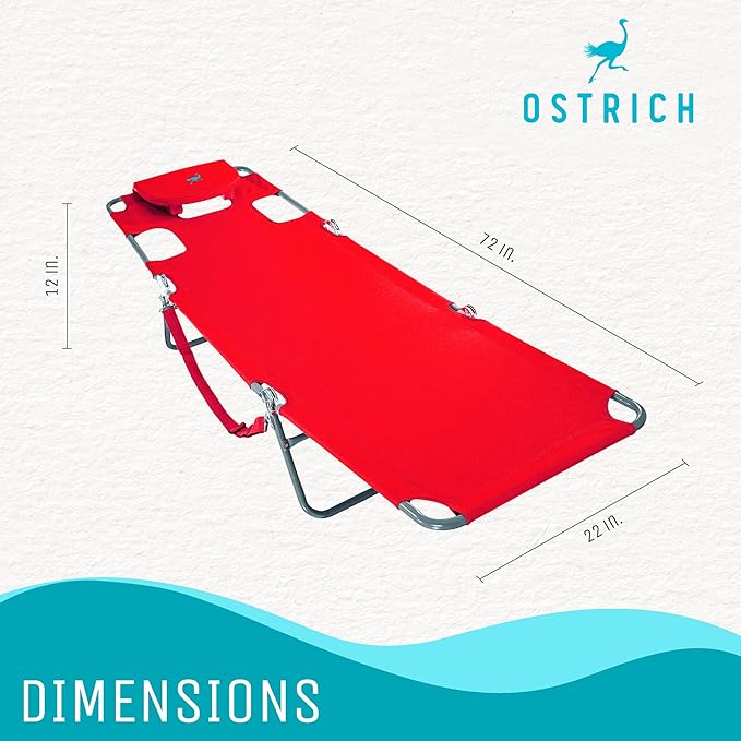 Ostrich Beach Lounge Chair, Folding & Reclining Outdoor Chaise Lounger, Red - Portable Adjustable Recliner Chair for Lawn, Pool, Patio, Garden, and Yard