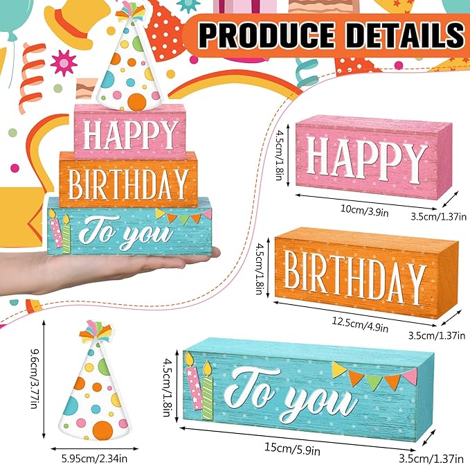 4 Pcs Birthday Table Decor Happy Birthday Wooden Sign Blocks Farmhouse Colorful Tiered Tray Decor Rustic Tabletop Centerpieces for Home Office Desk Shelf Mantel Party Decoration Supplies