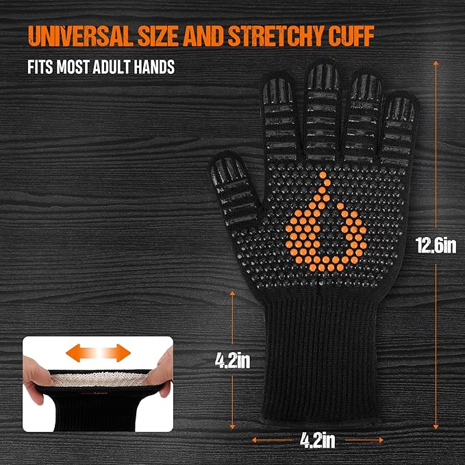 Onlyfire BBQ Gloves 1472°F Heat Resistant Grill Gloves Fireproof Oven Gloves for Cooking, Grilling, Barbecue, Smoker, Baking, Frying, Black