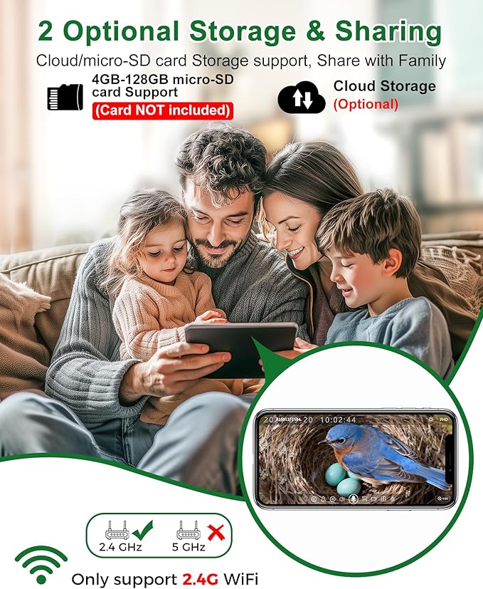 Smart Bird House with Camera Solar Powered, 2K HD Wi-Fi Bird Watching Camera for Birdhouse, Auto Detect & Notify, Night Vision, APP Control, Wooden Birdhouse with Camera Inside（Door & Window）