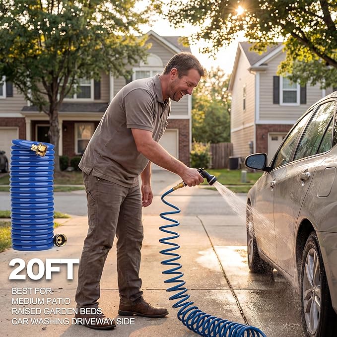 EVA Coil Garden Hose for Gardener: Retractable Self Coiling Hoses with 3/4" GHT Solid Brass Fittings - Kink Free and Flexible for Home and Garden Yard (20FT, Blue)