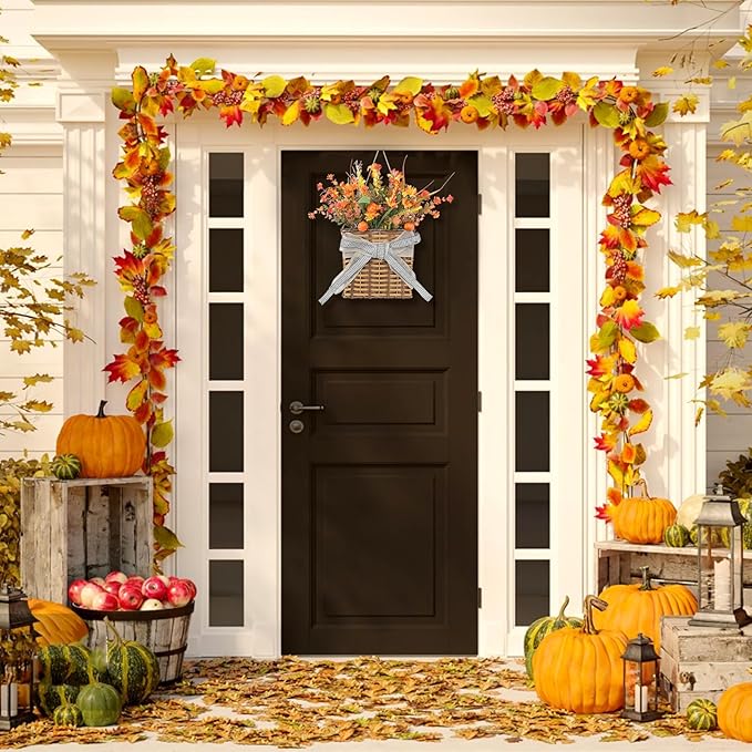 Thanksgiving Fall Door Hanger Basket Wreath Orange Pumpkin Wreath, Artificial Autumn Pumpkin Wreaths with Mixed Leaves Sunflower for Front Door Indoor Outdoor Decor Farmhouse Harvest Orange Wreaths