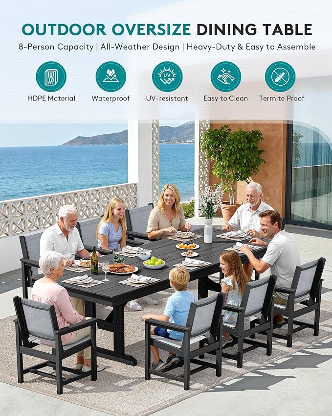 SERWALL 9 Piece Outdoor Dining Set, 84" HDPE Outdoor Table and Chairs for 8，All Weather Patio Furniture Set with Umbrella Hole for Backyard, Garden, Black