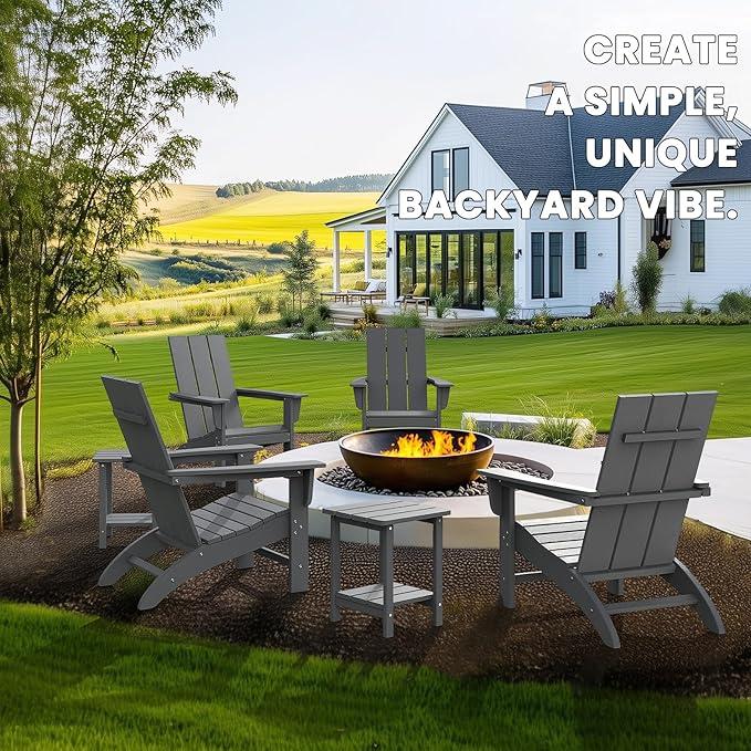 Modern Adirondack Chairs Set of 2, HDPE Plastic Patio Chairs for All Weather, Fire Pit Chair, Outdoor Lawn Chairs for Deck, Porch, Backyard, Garden, Slate Gray