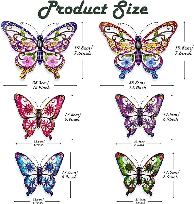 SUNREEK 6Pcs Metal Butterfly Wall Decor, 14Inch/9Inch Outdoor Butterfly Wall Art for Fence Garden Yard Room Patio Balcony Decorations