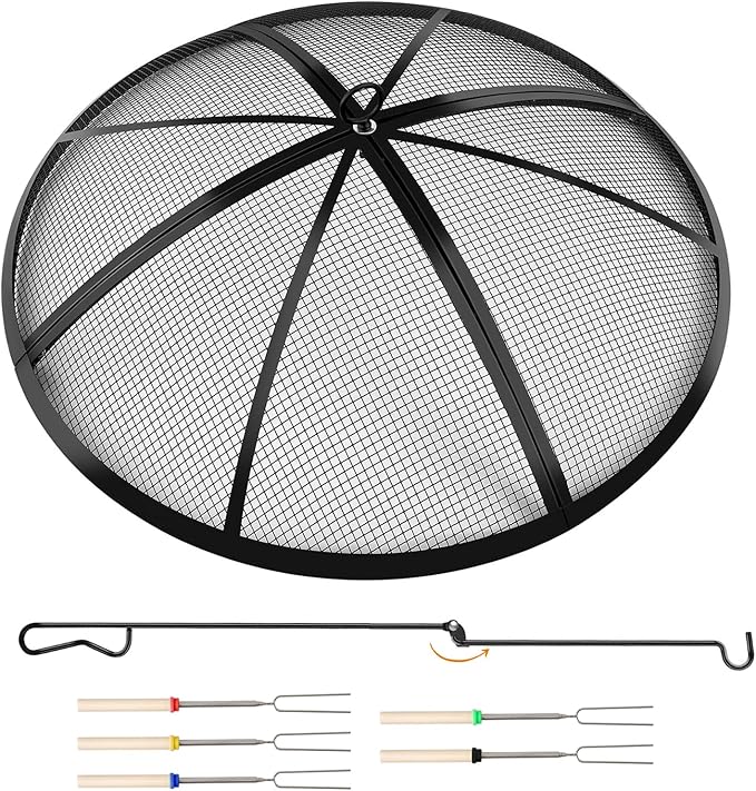 Fire Pit Spark Screen, 24 Inch Outdoor Fire Pit Screen with Foldable Hook and Marshmallow Sticks, Heavy Duty Steel Mesh Fire Pit Cover for Backyard, Beach, RV Camping