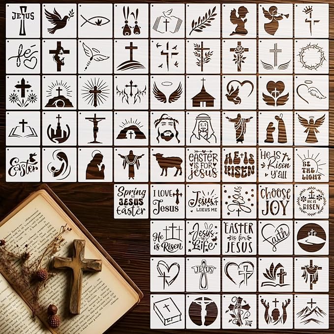 Marspark 66 Pcs Spring Easter Small Stencils for Crafts Reusable 3 Inch Stencils for Painting on Wood DIY Craft Paint Template for Wall Home Decor Card Rock Canvas Drawing Holiday (Jesus)