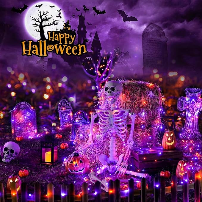4-Pack Solar String Lights,156Ft Extra-Long 400 LED Waterproof Solar Halloween Lights, 8 Modes for Garden, Patio, Wedding (Purple & Orange)