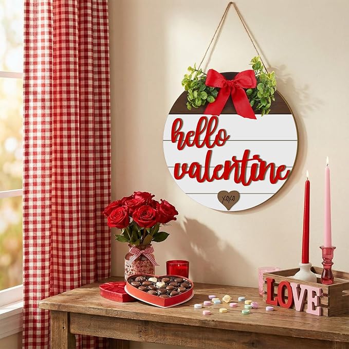 Boao Hello Valentine's Day Wooden Hanging Sign Farmhouse Door Decor Hello Valentine Vintage Heart Red Bow Door Wreath Rustic Wall Plaque Decorations for Window Wall Front Porch Hanger