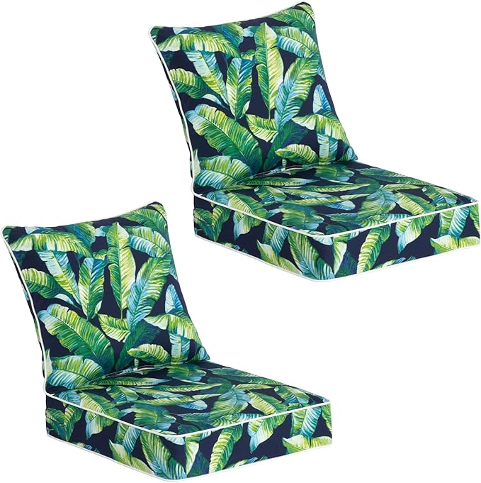 COZYVIDA Outdoor Deep Seat Cushion Set of 2, 24"x24" Seat & 25"x22.5" Back, C0 Water-Resistant Breathable Polyester, UV-Resistant 1000+ Hrs, 30D Foam,YKK Zippers,Tropical Leaf