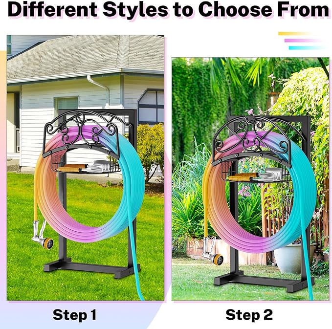 Garden Hose Holder, Metal Water Hose Holder with Storage Basket, Heavy Duty 4 Spikes Hose Hanger Holds 150 Feet Hoses, Freestanding Hose Storage Reel Rack for Outdoor Yard Lawn