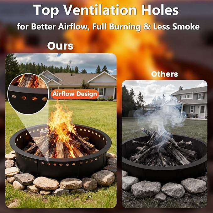 31 Inch Smokeless Fire Pit Ring Insert Outdoor, Heavy Duty Solid Metal Steel Round Firepit Rim Liner for Outside, 35 Inch Outer Diameter DIY Campfire Ring, Above or In-Ground, for Camping Garden Patio