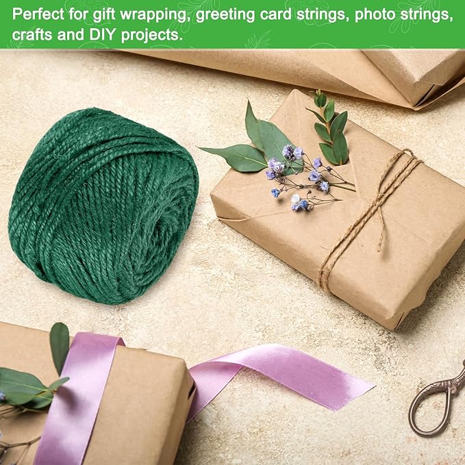 2-Pack Natural Jute Twine String, 3mm x 328ft/100m Long Garden Twine Balls for Crafts/Gift Wrapping/Gardening Plants, Durable Plant Ties Thick Rope [Dark Green]