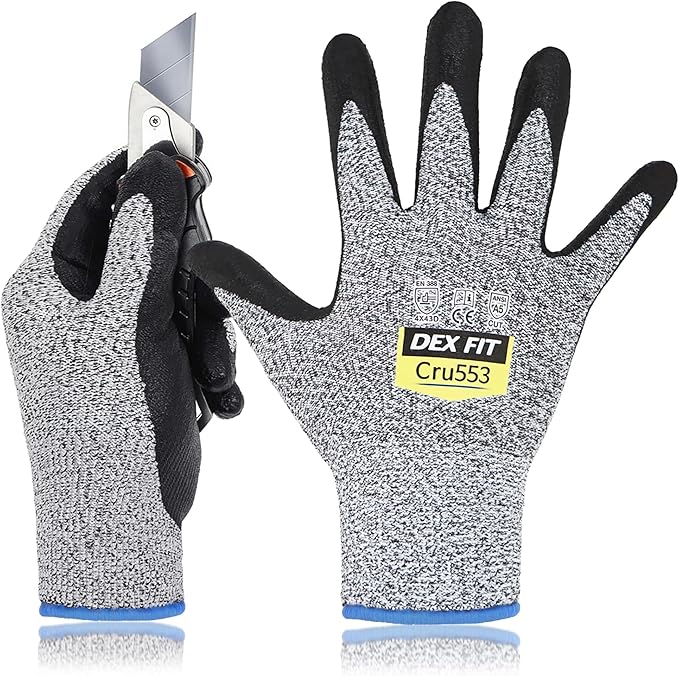 DEX FIT Level 5 Cut Resistant Gloves Cru553, 3D-Comfort Stretchy Fit, Power Grip, Professional Grade, Thin, Touch-Screen Compatible, Durable, Machine Washable; Gray XS (6) 1 Pair