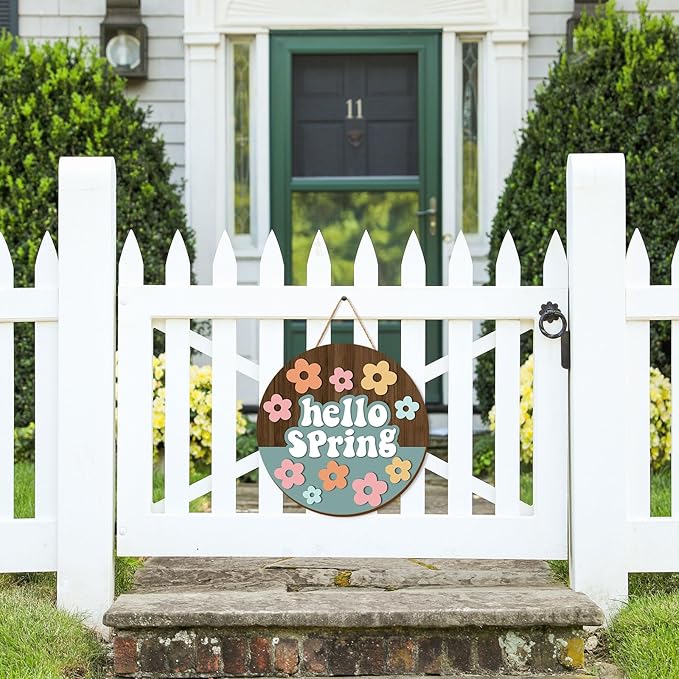 Whaline Hello Spring Wooden Hanging Sign Retro Boho Flower Wreath Sign Farmhouse Rustic Floral Door Hanger Sign for Indoor Outdoor Home Porch Window Decor