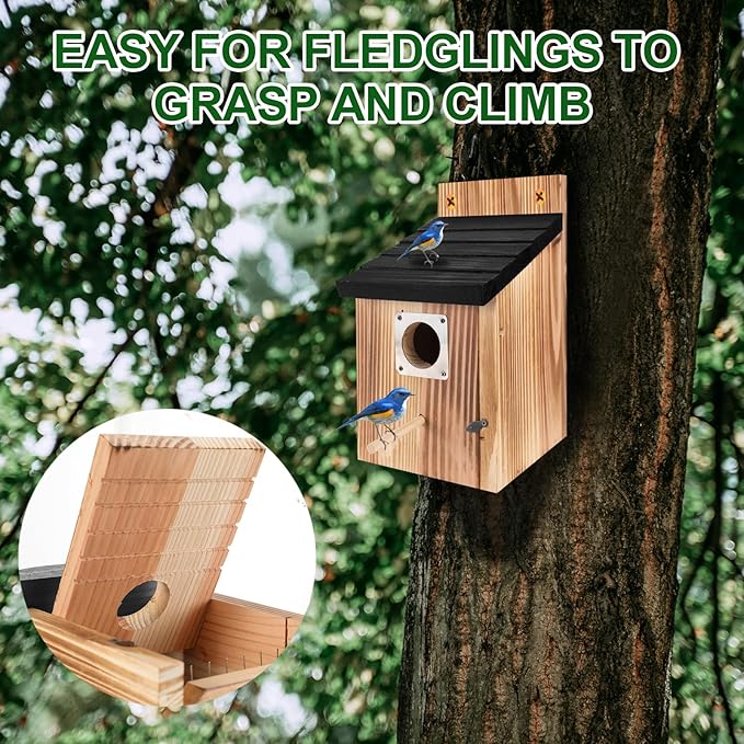 4-Piece Outdoor Bird House Set, Bird Houses for Outside with Metal Guards, Safety Locks, Flight Slots, & Ventilation, Bluebird Houses with 1-1/2" Entrance for Bluebirds, Wrens, Finches-Black