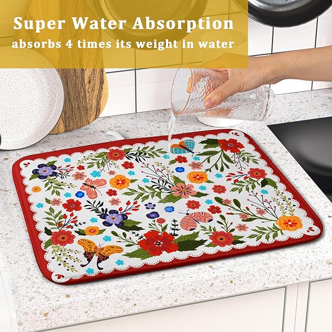 Flowers Printed Dish Drying Mat Floral Coffee Mat for Kitchen Counter Small