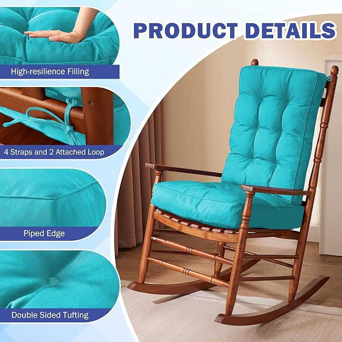 Rocking Chair Cushion, Waterproof and Fade-Resistant Patio Chair Cushions, Tufted Chair Pads for Rocker Furniture, 17x17 Inch, Indoor/Outdoor Seat Cushions with Ties, Teal Blue