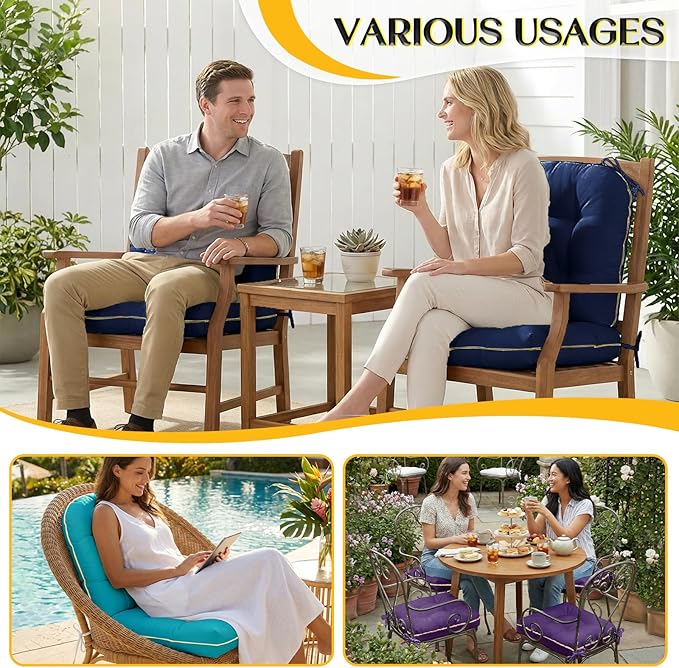 Outdoor Chair Cushions Set of 2, Outdoor Cushions for Patio Furniture and Wicker Chair, Memory Foam Patio Seat Cushion Pads with Ties, 19 x 19 Inch (Blue)