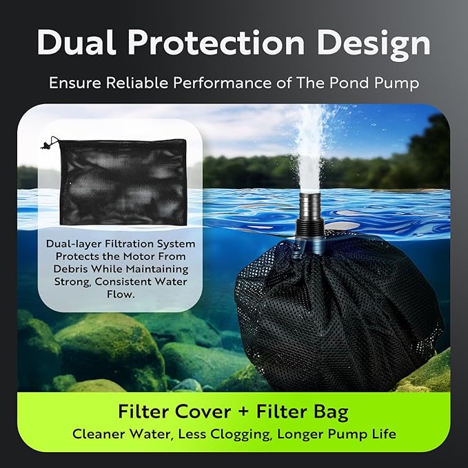 2700GPH Submersible Pond Pump, 150W Waterfall & Fountain Pump with Adjustable Flow Control, 0–180° Rotatable Outlet, Filter Bag, IPX8, 20.3ft Cord for Koi Ponds & Garden Ponds, UL listed