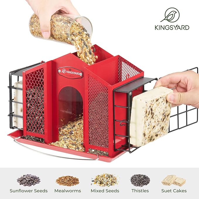 Kingsyard Large Metal Bird Feeders for Outdoors Hanging with Double Suet Cage Weatherproof Roof, 4 in 1 Suet Feeder for Woodpecker, 4 Lbs Capacity Bird Feeder House for Cardinal Finch Chickadee, Red