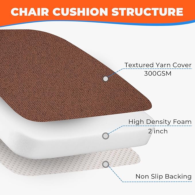 Chair Cushions for Dining Chairs, D-Shaped Seat Cushions with Removable Washable Cover and Ties, Chair Pads for Kitchen, Indoor Dining Room, Patio Chairs, 17'' x 16'', Set of 2, Brown