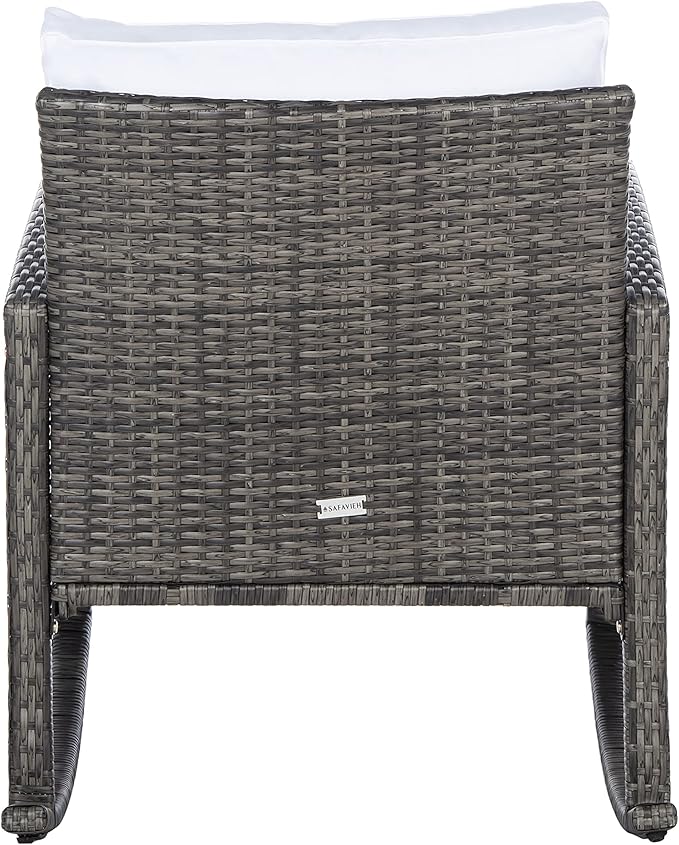 SAFAVIEH Outdoor Collection Daire Woven Grey Brown/White Cushion Rocking Chair for Patio Porch Backyard Sunroom