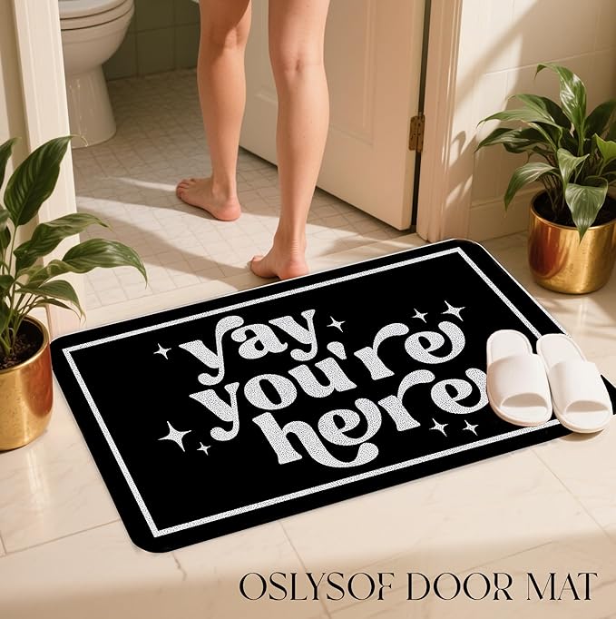 Funny Black Door Mat, Yay You're Here Doormat for Front Door Indoor Outdoor Porch Entrance Entryway, Funny Welcome Mat Outside, 17x30 Inch