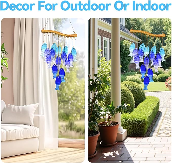 Sea Glass Wind Chime, Fish Shape Glass Windchime for Outside, Indoor Outdoor Decor for Patio Garden Yard, Nice Gifts for Mom & Women, Memorial Sympathy Gift for Home