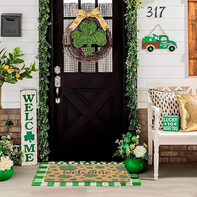 St. Patrick's-Day-Clovers-Welcome-Mats Outdoor-Entrance Green-Shamrock-Outdoor-Doormat Non Slip Coir Front Door Mat for Irish Home Decor 17" x 29"
