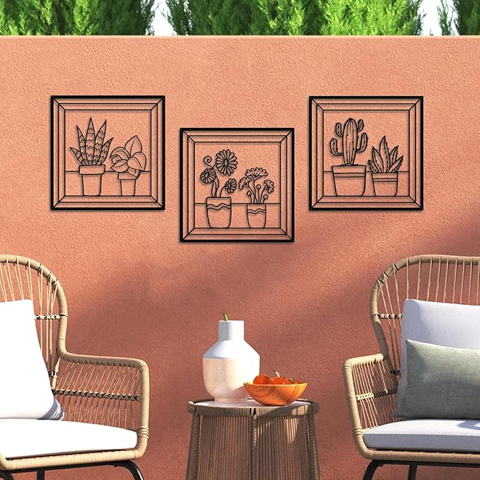 DUOOLN Metal Flowers Wall Art Decor,3Pcs Minimalism Flower in Vase Hanging Iron Hanging Picture, Modern Plant Potted Wall Sculpture Sign,Home Bedroom Bathroom Outdoor Indoor Kitchen Decoration-Black