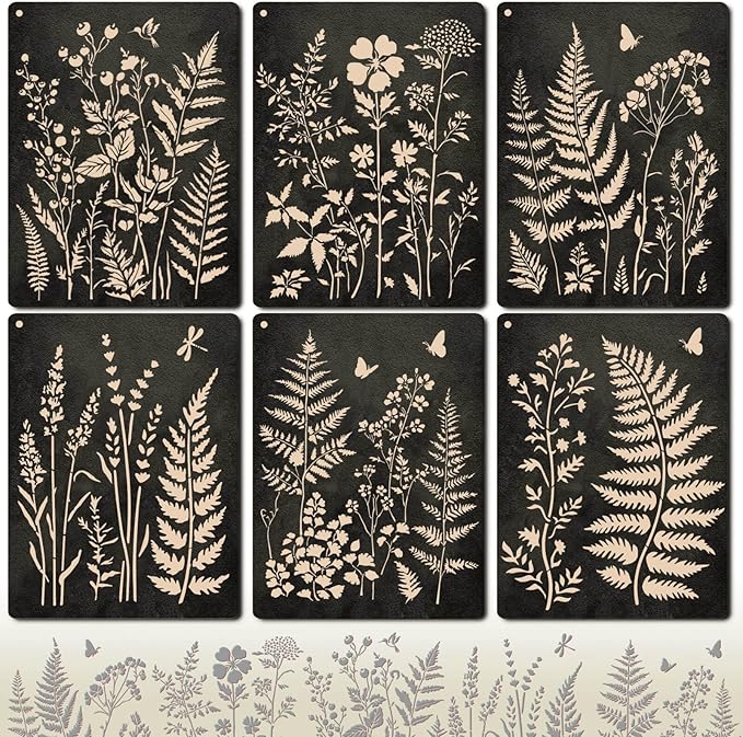 Botanical Wall Stencil Kit for Painting - Large Reusable Plastic Fern, Leaf & Flower Templates, 6 Pack DIY Seamless Stencils for Crafts, Canvas & Home DéCor Art